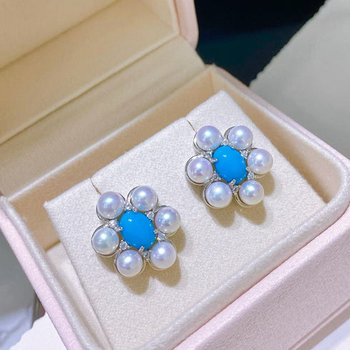 Floral Blue Turquoise Pearl Stud Earrings